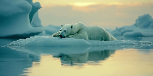 Un paisaje ártico dramático con un iceberg flotando en aguas tranquilas un oso polar descansando en el hielo
