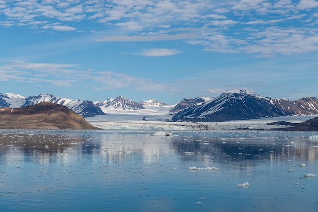 Paisaje ártico con montaña y glaciar en Svalbard en verano