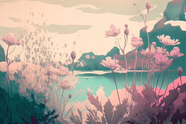 Paisaje artístico o efecto de telón de fondo en capas abstraído en un suave tono pastel floral