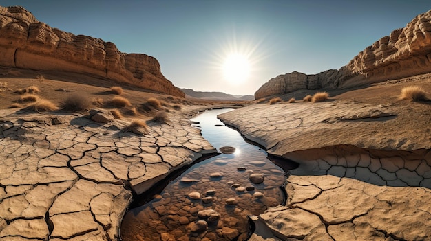 Paisaje asolado por la sequía con río seco IA generativa