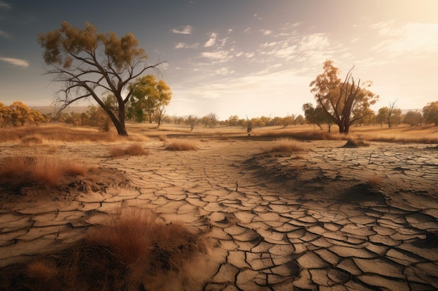 Paisaje asolado por la sequía con tierra agrietada y plantas secas creadas con ai generativo