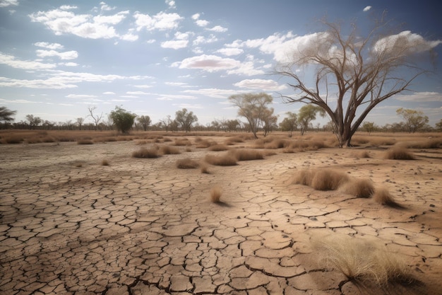 Paisaje asolado por la sequía con tierra agrietada y vegetación seca creado con ai generativo