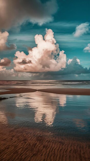 Un paisaje asombrosamente hermoso de la playa de arena y el mar con nubes impresionantes en el cielo