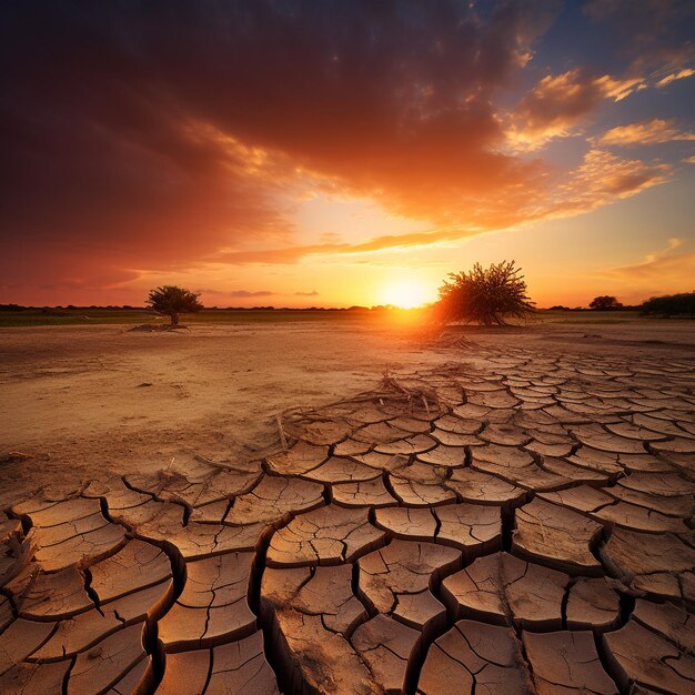 Paisaje de atardecer de tierra agrietada