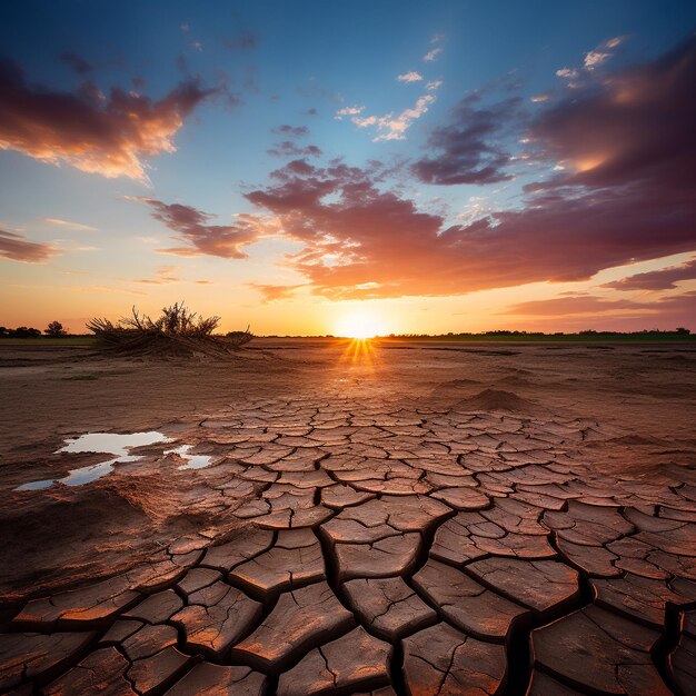 Paisaje de atardecer de tierra agrietada