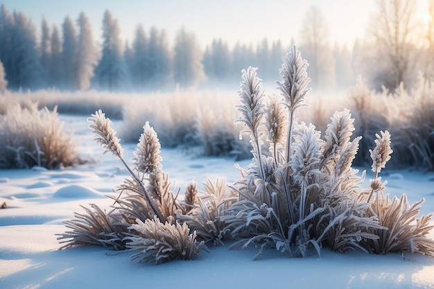 Paisaje atmosférico de invierno con plantas secas cubiertas de helada durante las nevadas Fondo de Navidad de invierno