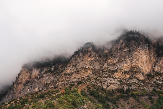 Paisaje atmosférico oscuro con siluetas de alta montaña en niebla densa en clima lluvioso Cumbre rocosa del bosque sobre colinas en niebla espesa en dramáticas rocas negras en nubes bajas durante la lluvia