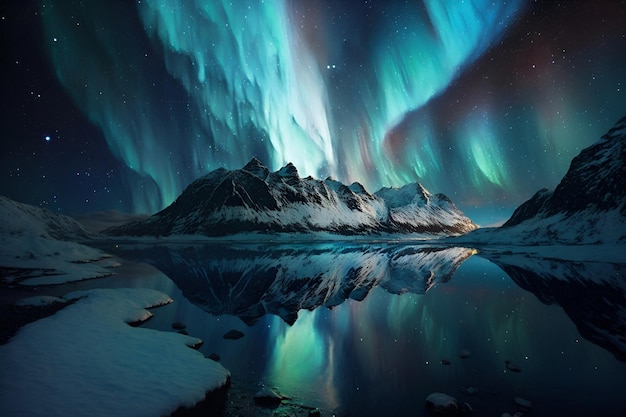 Un paisaje de auroras boreales y montañas con el reflejo de una montaña y un lago