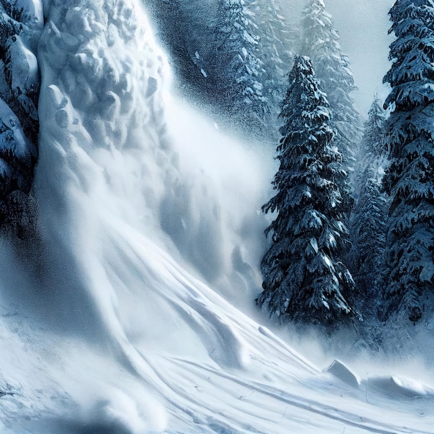 Paisaje de avalancha de nieve deslizamiento de nieve épico en bosque nevado de invierno