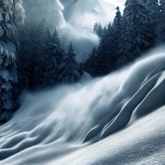 Paisaje de avalancha de nieve deslizamiento de nieve épico en bosque nevado de invierno