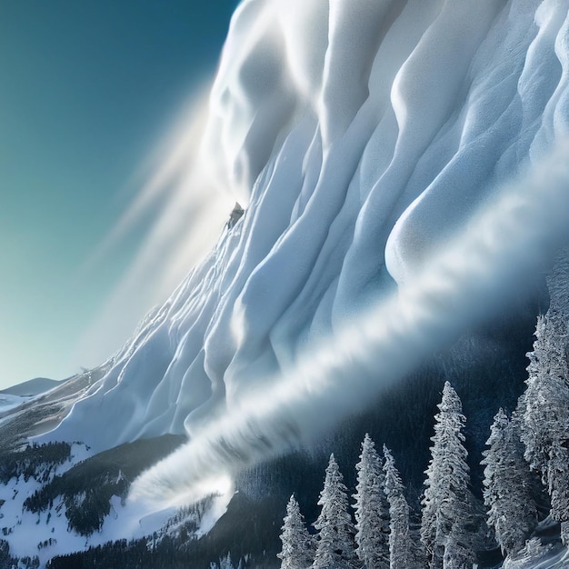 Paisaje de avalancha de nieve deslizamiento de nieve épico en bosque nevado de invierno