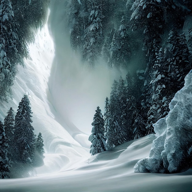 Paisaje de avalancha de nieve deslizamiento de nieve épico en bosque nevado de invierno