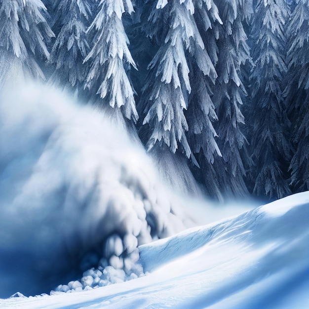 Paisaje de avalancha de nieve deslizamiento de nieve épico en bosque nevado de invierno