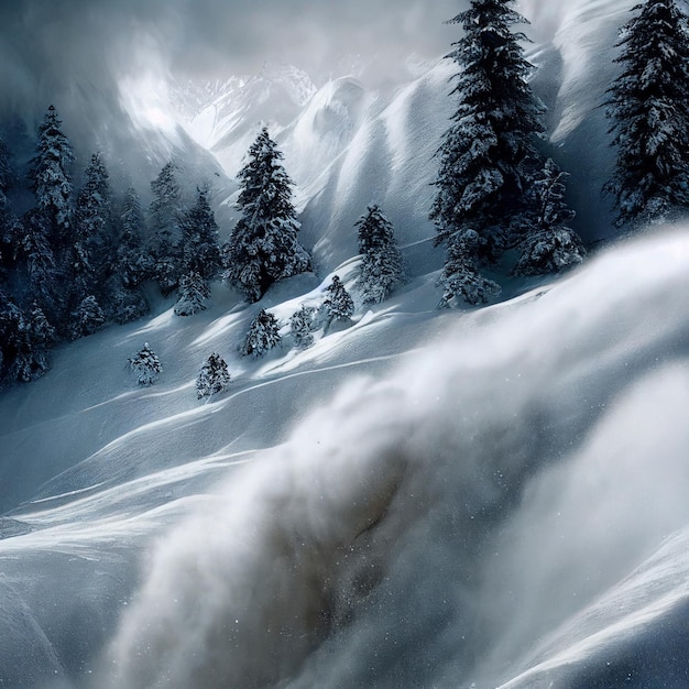 Paisaje de avalancha de nieve deslizamiento de nieve épico en bosque nevado de invierno