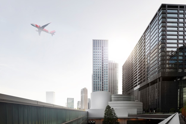 Foto paisaje con avión volando en el cielo