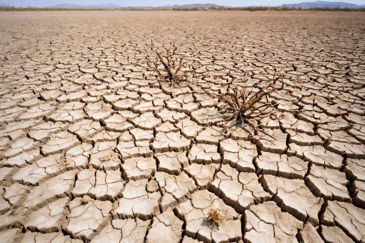 Un paisaje azotado por la sequía con tierra agrietada y vegetación marchita
