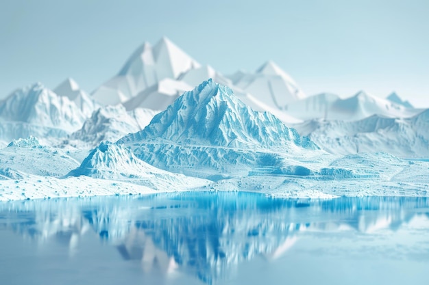 Un paisaje azul y blanco con montañas y un cuerpo de agua