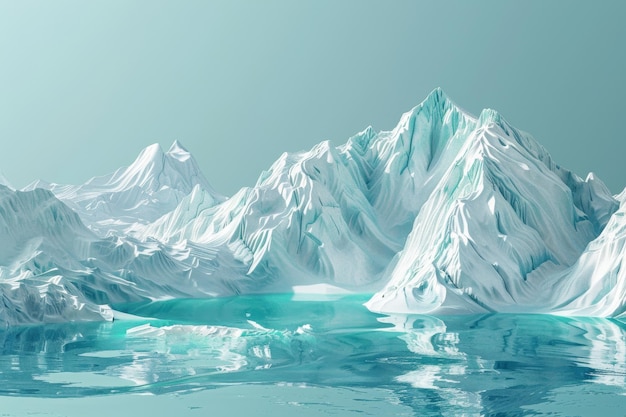 Un paisaje azul y blanco con montañas y un cuerpo de agua