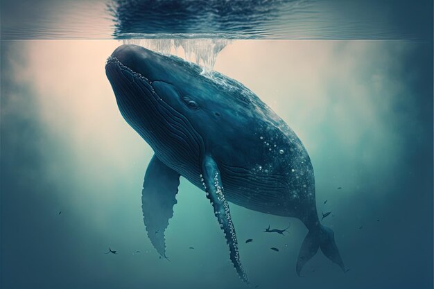 Paisaje con ballena gigante en el mar. Ilustración digital de IA