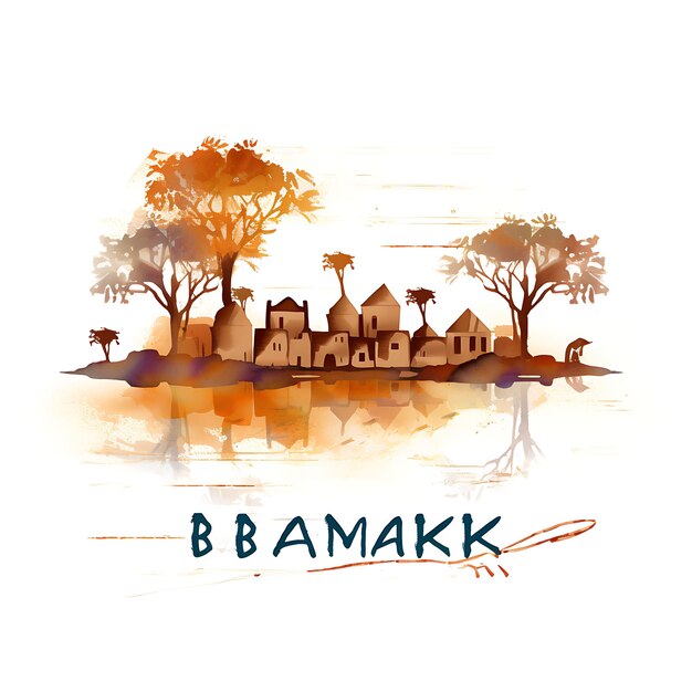 Paisaje de Bamako Texto con caligrafía inspirada en las tribus Tipografía Desi Clipart Arte de acuarela