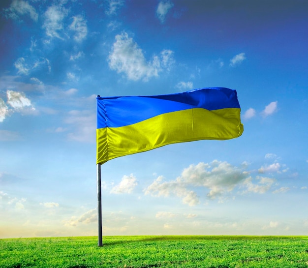 Foto paisaje con bandera ucraniana en campo ucraniano