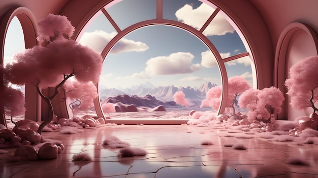 Paisaje de barbie rosa en el mundo del planeta rosa con un árbol de ensueño al estilo del mundo futurista