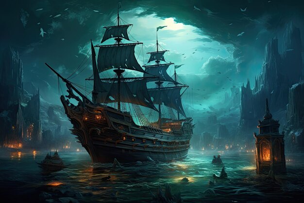 Paisaje con barco pirata en una isla estilo de ilustración concepto de fantasía IA generativa