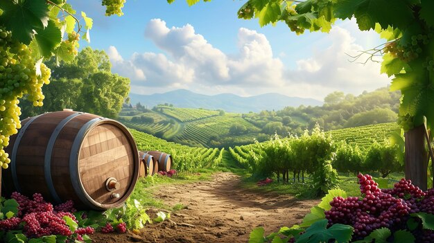Paisaje con barricas de vino en medio de los viñedos Generativo Ai