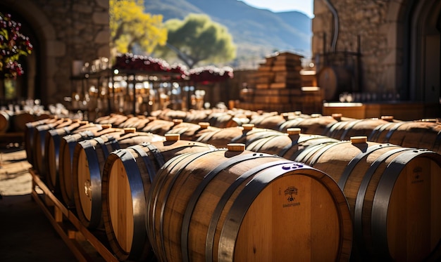 Paisaje con barriles de vino en los viñedos Enfoque suave selectivo