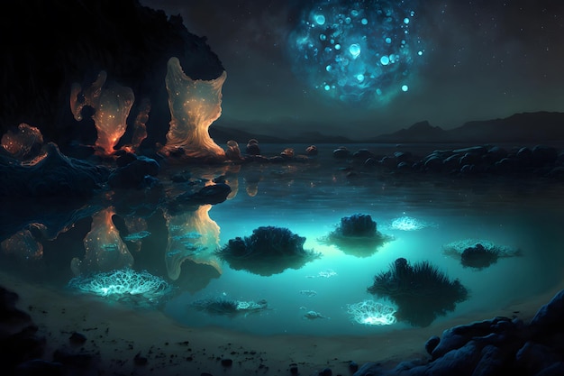 Paisaje Bioluminiscencia plancton brillante en agua fantasía algas luminiscentes en lago de montaña en la noche escena increíblemente hermosa Estrellas reflejadas en agua 3d ilustración