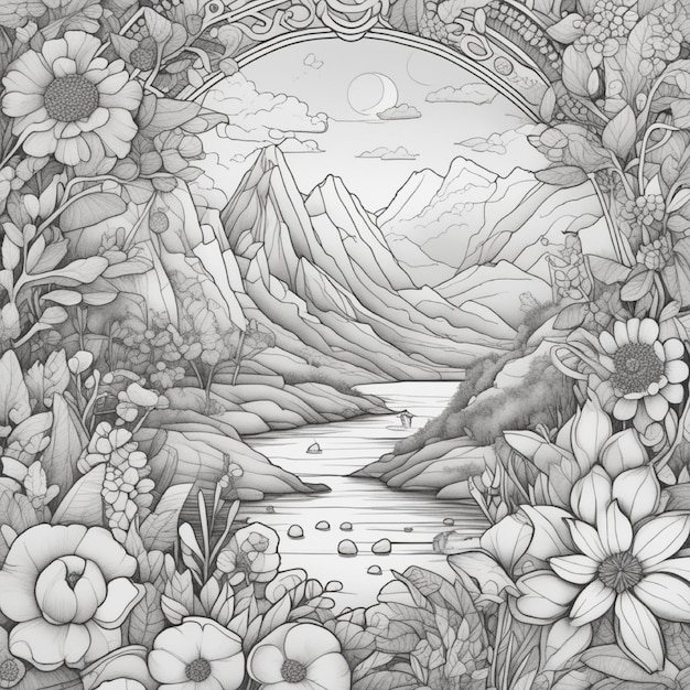 paisaje blanco y negro dibujado a mano con bosque, montaña, río, pagoda y flores 592