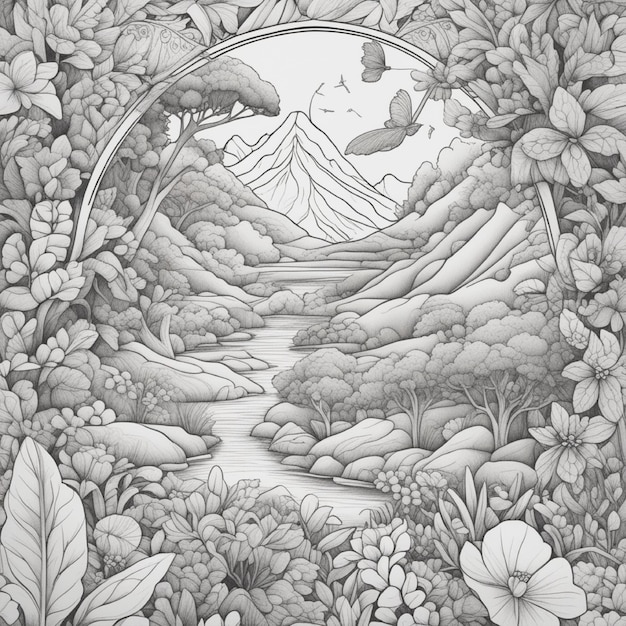 paisaje blanco y negro dibujado a mano con bosque, montaña, río, pagoda y flores 596