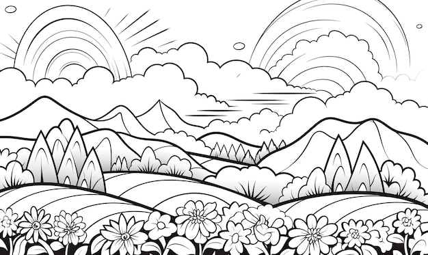 Un paisaje blanco y negro con montañas y flores