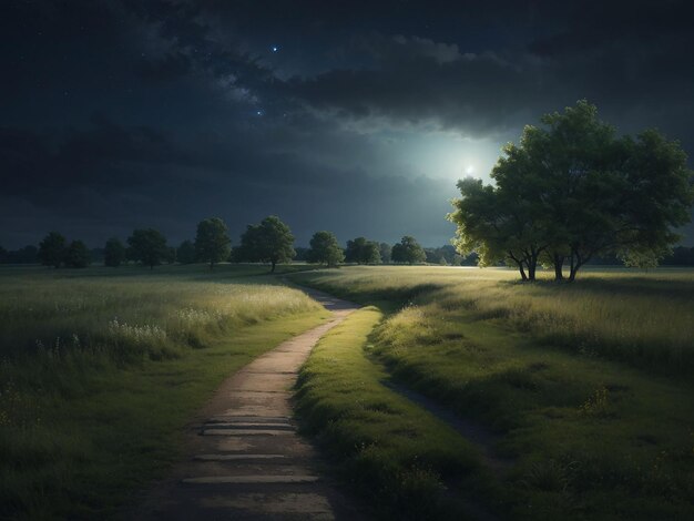 Paisaje en blanco del parque natural en escena nocturna con un camino a través del prado