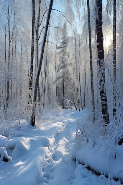 Paisaje de bosque cubierto de nieve en invierno creado con ai generativo