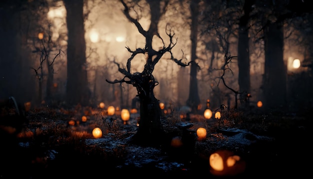 Paisaje de bosque embrujado realista en la noche Ilustración 3D de fondo de bosque de Halloween de fantasía