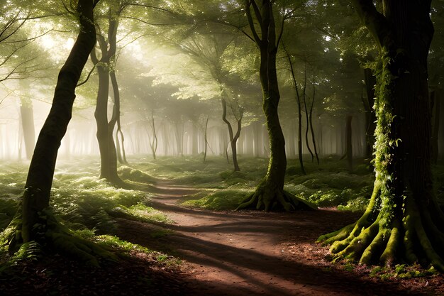 Un paisaje de un bosque encantado donde los árboles cobran vida y emiten un suave resplandor etéreo