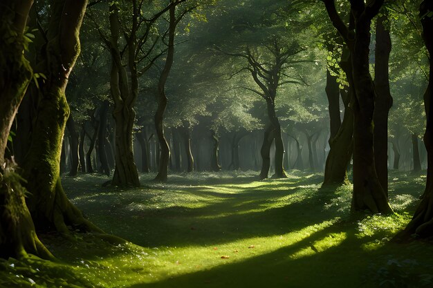 Un paisaje de un bosque encantado donde los árboles cobran vida y emiten un suave resplandor etéreo