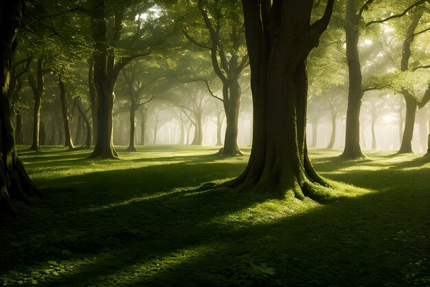 Un paisaje de un bosque encantado donde los árboles cobran vida y emiten un suave resplandor etéreo