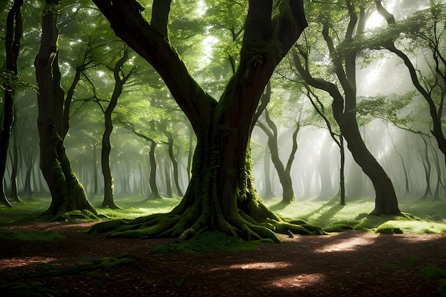 Un paisaje de un bosque encantado donde los árboles cobran vida y emiten un suave resplandor etéreo