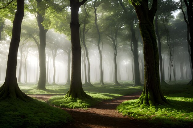 Un paisaje de un bosque encantado donde los árboles cobran vida y emiten un suave resplandor etéreo