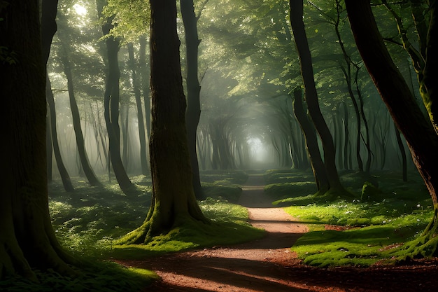 Un paisaje de un bosque encantado donde los árboles cobran vida y emiten un suave resplandor etéreo