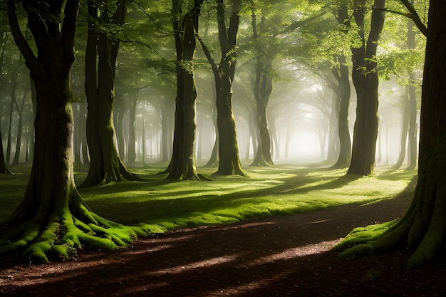 Un paisaje de un bosque encantado donde los árboles cobran vida y emiten un suave resplandor etéreo