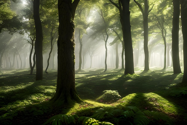 Un paisaje de un bosque encantado donde los árboles cobran vida y emiten un suave resplandor etéreo