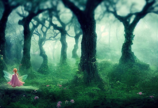 Paisaje de bosque de fantasía con árboles y luciérnagas y setas
