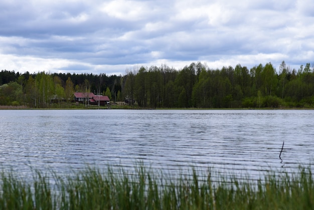 Paisaje bosque lago en el pueblo