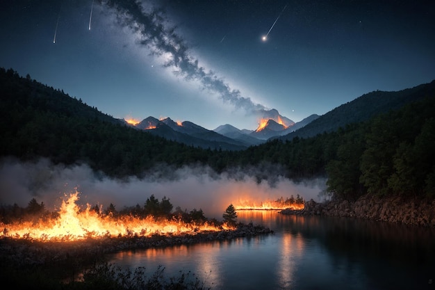 Paisaje de un bosque en llamas con un río en la noche