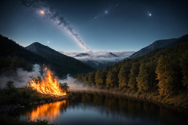 Paisaje de un bosque en llamas con un río en la noche