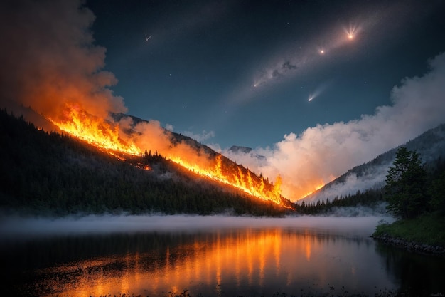 Paisaje de un bosque en llamas con un río en la noche