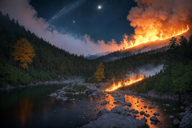 Paisaje de un bosque en llamas con un río en la noche